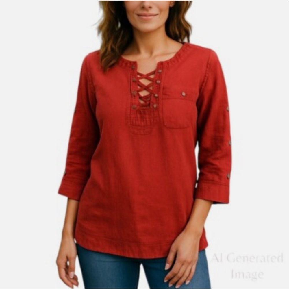 Lauren Ralph Lauren Women’s Linen Lace Up Tunic Red XL NWOT Pristine Preppy Chic